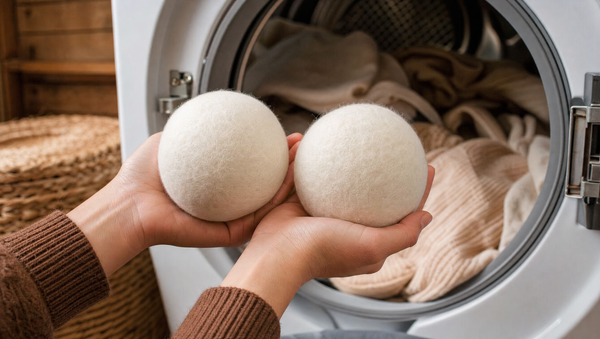 Two oversized 4-inch wool dryer balls held in cupped hands in front of an open dryer