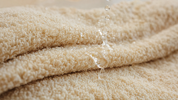 Water beading on the surface of a waxy bath towel instead of soaking in