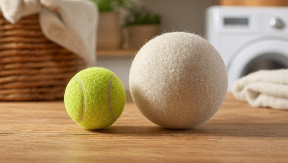 A tennis ball next to a larger 4-inch wool dryer ball