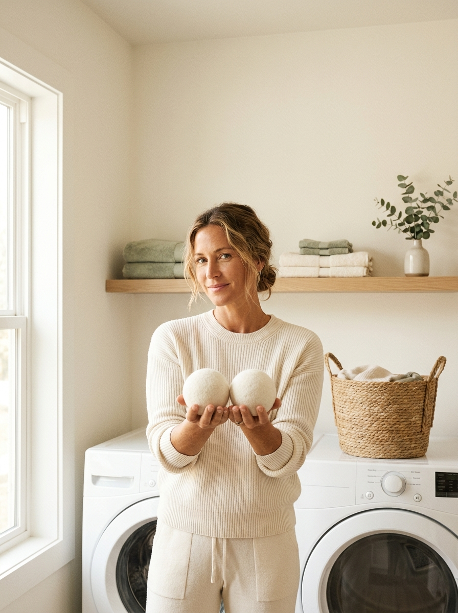 XXL Wool Dryer Balls held by a model in a bright laundry room