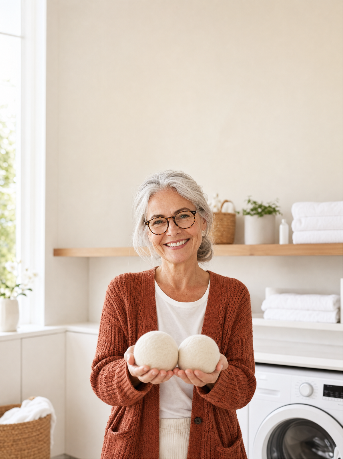 Margerette holding two 4-inch XXL wool dryer balls in a bright laundry room