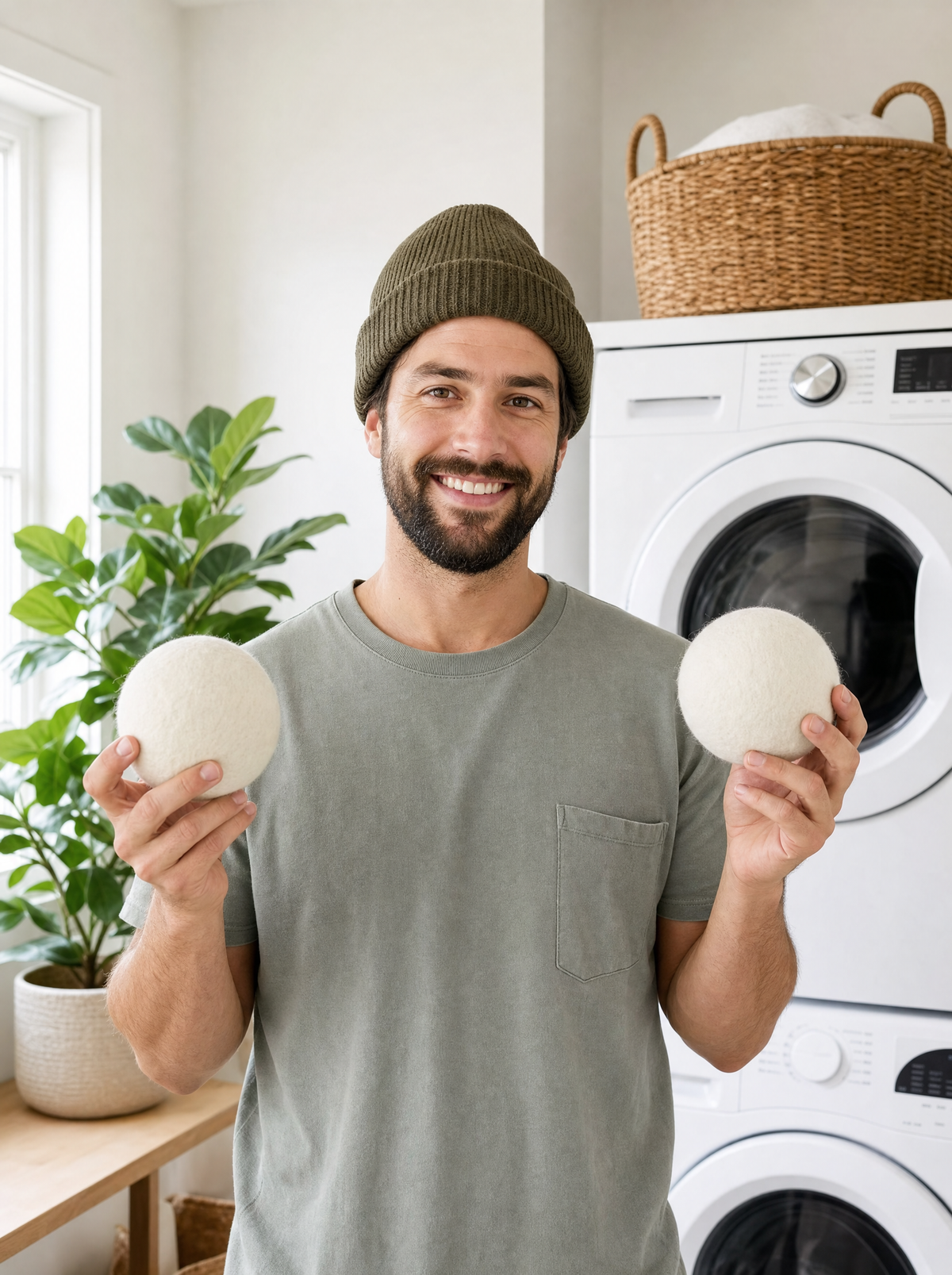 Dave holding two 4-inch XXL wool dryer balls in a bright laundry room