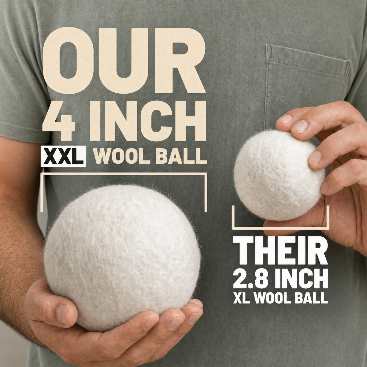 Our 4-inch XXL wool ball next to their 2.8-inch wool ball