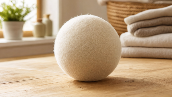 A 4-inch Big Wool Balls felted wool dryer ball in a cozy laundry room