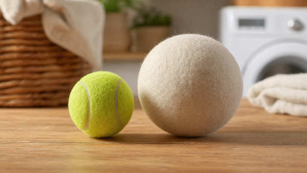 A tennis ball next to a larger 4-inch wool dryer ball