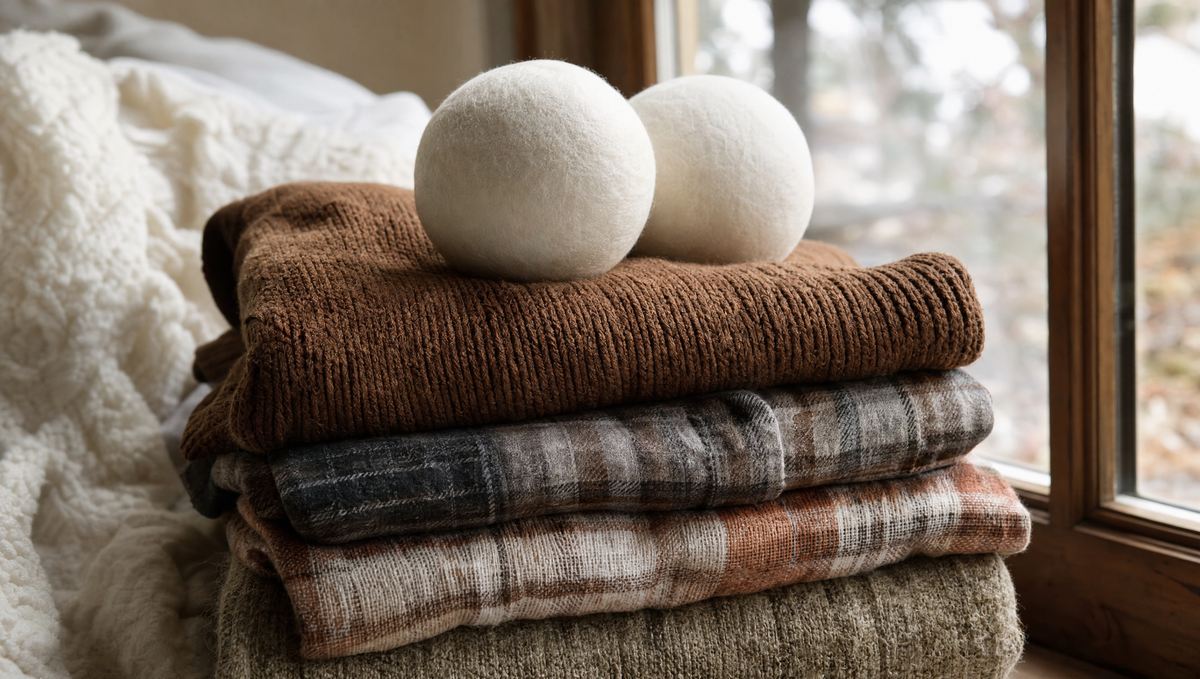 Wool dryer balls on a stack of folded winter sweaters